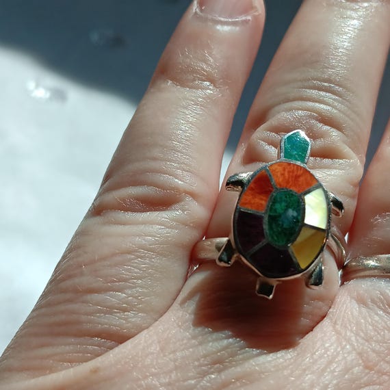 Sterling Silver & Multi-Gemstone, Adjustable Turtle Ring From Peru
