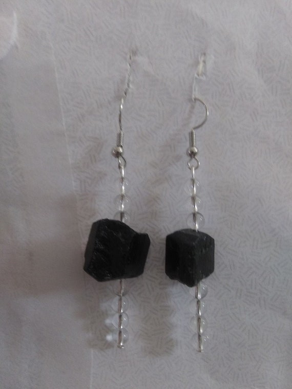 Genuine Black Tourmaline And Clear Quartz Crystal Earrings