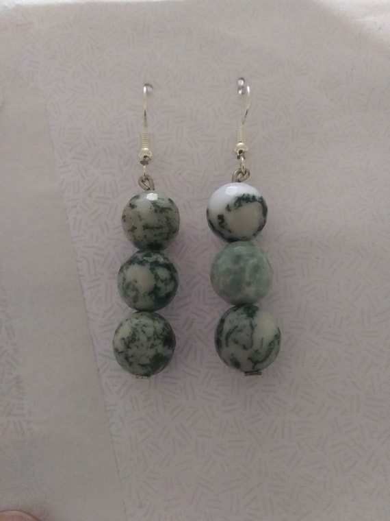 Genuine Tree Agate Faceted Large Bead Dangle Earrings