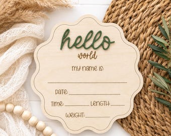 Letrero festoneado "Hola Mundo Bebé", placa de madera para anunciar el nacimiento, letrero con las estadísticas del recién nacido, accesorio para fotos de hospital.