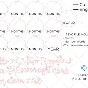 Puede incluir: Un dise&ntilde;o imprimible para una tabla de crecimiento con c&iacute;rculos para cada mes del a&ntilde;o, m&aacute;s un c&iacute;rculo m&aacute;s grande para el a&ntilde;o. El dise&ntilde;o incluye las palabras "hello", "one", "two", "three", "four", "five", "six", "seven", "eight", "nine", "ten", "eleven" y "one" en una fuente de letra cursiva rosa. El dise&ntilde;o est&aacute; pensado para usarse con madera de abedul b&aacute;ltico de 1/8 de pulgada.