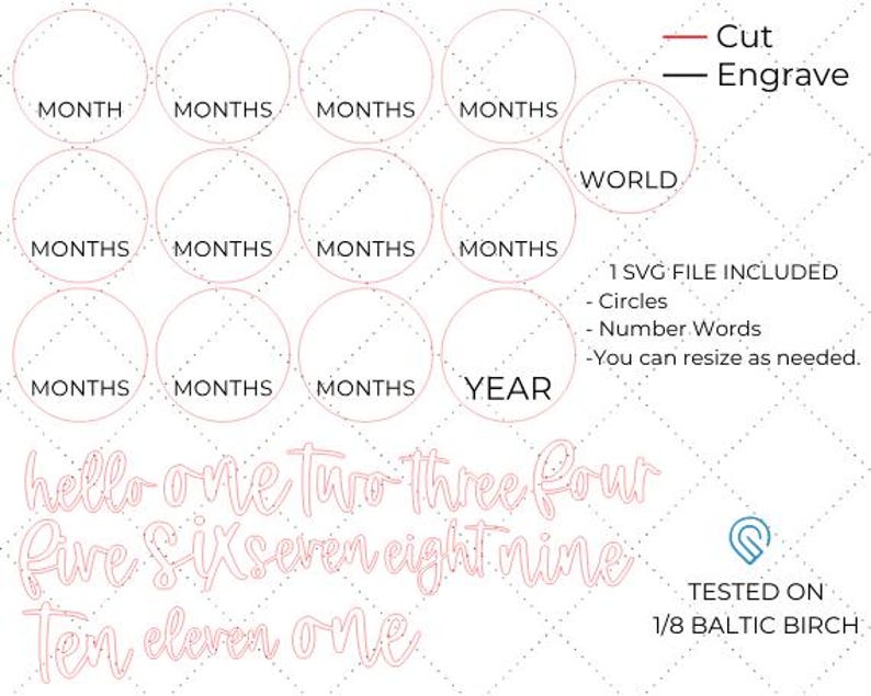 Puede incluir: Un dise&ntilde;o imprimible para una tabla de crecimiento con c&iacute;rculos para cada mes del a&ntilde;o, m&aacute;s un c&iacute;rculo m&aacute;s grande para el a&ntilde;o. El dise&ntilde;o incluye las palabras "hello", "one", "two", "three", "four", "five", "six", "seven", "eight", "nine", "ten", "eleven" y "one" en una fuente de letra cursiva rosa. El dise&ntilde;o est&aacute; pensado para usarse con madera de abedul b&aacute;ltico de 1/8 de pulgada.