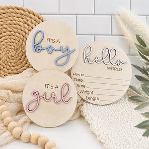 Może przedstawiać: Trzy drewniane znaki ogłoszenia o narodzinach dziecka. Jeden m&oacute;wi "It's a boy" w niebieskim skrypcie, drugi m&oacute;wi "It's a girl" w r&oacute;żowym skrypcie, a trzeci m&oacute;wi "hello WORLD" z liniami na imię, datę, godzinę, wagę i długość.
