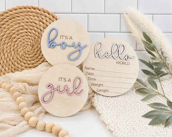 Hello World Baby Announcement Sign | It's a Boy / It's a Girl Newborn Sign | Wooden Birth Reveal Photo Prop | Baby Name Sign