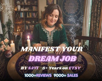 May include: A person in a dark green velvet tunic with silver embroidery sits at a round table with a purple cloth, tarot cards, and lit candles. Text reads: MANIFEST YOUR DREAM JOB BY SAVI 5+ Years on ETSY 1000+REVIEWS 9000+ SALES.