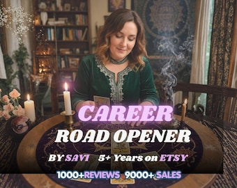 May include: A dark green velvet top with silver embroidery, positioned behind a round table covered in a purple cloth with tarot cards, lit candles, and incense smoke. Text reads: CAREER ROAD OPENER BY SAVI 5+ Years on ETSY 1000+REVIEWS 9000+ SALES.
