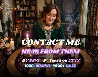 May include: A person in a dark green velvet top sits at a round table with a purple cloth, tarot cards, and lit candles. Text reads: CONTACT ME, HEAR FROM THEM, BY SAVI, 5+ Years on ETSY, 1000+ REVIEWS, 9000+ SALES. Smoke rises from an incense burner.