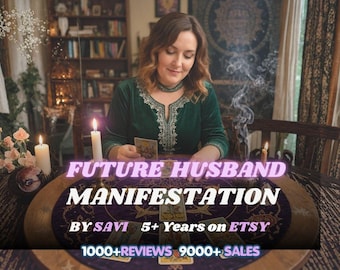 May include: A person in a dark green velvet top sits at a round wooden table with a purple cloth, tarot cards, and lit candles. Text reads: FUTURE HUSBAND MANIFESTATION BY SAVI 5+ Years on ETSY 1000+REVIEWS 9000+ SALES.