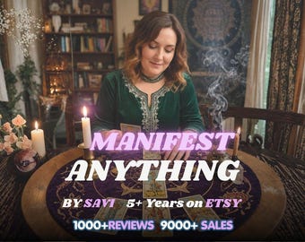 May include: A person in a dark green velvet top with silver embroidery sits at a round table with tarot cards, candles, and incense. Text reads: MANIFEST ANYTHING BY SAVI 5+ Years on ETSY 1000+ REVIEWS 9000+ SALES in a purple and white font.