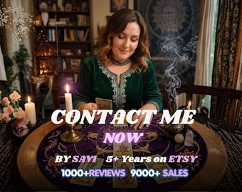 May include: A person in a dark green velvet top sits at a round table with a purple cloth featuring gold zodiac symbols. Tarot cards are spread out, accompanied by lit candles and incense smoke. Text reads: CONTACT ME NOW BY SAVI 5+ YEARS ON ETSY 1000+REVIEWS 9000+ SALES.