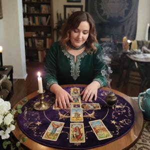 May include: A woman in a green velvet dress is reading tarot cards on a round table. The table is covered with a purple cloth with star designs. A lit candle, incense, and a blue teapot are also on the table.