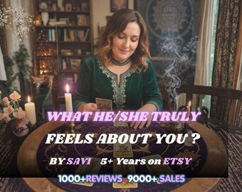 May include: A person in a dark green velvet top sits at a round wooden table with a purple tarot cloth, candles, and tarot cards. Text reads: WHAT HE/SHE TRULY FEELS ABOUT YOU? BY SAVI 5+ Years on ETSY 1000+REVIEWS 9000+ SALES.