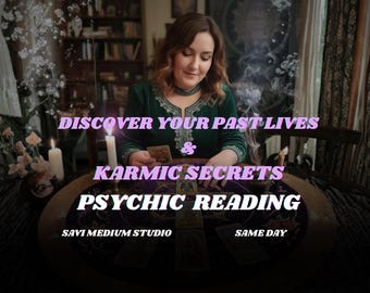 May include: An image promoting psychic readings. Text on the image reads "Discover Your Past Lives & Karmic Secrets Psychic Reading." A person is seated at a table with tarot cards and candles. The image is from Savi Medium Studio.