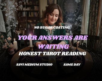 May include: An image of a woman in a green top, seated at a round table with tarot cards. Text on the image reads "NO SUGAR COATING. YOUR ANSWERS ARE WAITING. HONEST TAROT READING. SAVI MEDIUM STUDIO. SAME DAY."