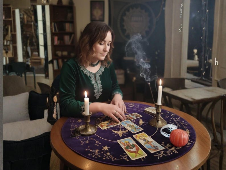 May include: A woman in a green velvet dress sits at a round table with tarot cards, lit candles, and a small pumpkin. The table is covered with a purple mat with star and moon designs. Incense smoke rises in the air.