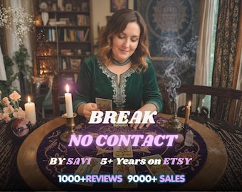 May include: A tarot card reading session featuring a dark green velvet top with silver embroidery, a circular purple cloth with gold celestial patterns, lit candles, incense smoke, and tarot cards. Text reads: BREAK NO CONTACT BY SAVI 5+ Years on ETSY 1000+REVIEWS 9000+ SALES