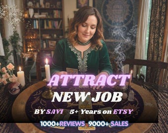 May include: A person in a dark green velvet top with silver embroidery performing a tarot card reading on a round purple cloth. The text reads ATTRACT NEW JOB, BY SAVI 5+ Years on ETSY, 1000+REVIEWS 9000+ SALES. Two lit candles and incense smoke are present.