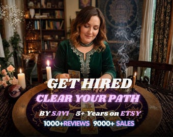 May include: A person in a dark green velvet top sits at a round table with tarot cards, candles, and incense. Text overlay reads: GET HIRED CLEAR YOUR PATH BY SAVI 5+ YEARS ON ETSY 1000+ REVIEWS 9000+ SALES. The scene includes a purple cloth and books.