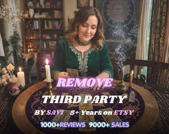 May include: A round purple tarot cloth with gold celestial patterns, featuring the text REMOVE THIRD PARTY BY SAVI 5+ Years on ETSY 1000+REVIEWS 9000+ SALES. The cloth is spread on a wooden table with lit candles, a crystal, and incense smoke.