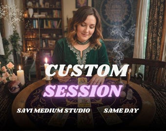 May include: A person in a dark green velvet top sits at a round table with a purple cloth featuring tarot cards, lit candles, and rising incense smoke. The text reads CUSTOM SESSION, SAVI MEDIUM STUDIO, and SAME DAY in white and purple lettering.