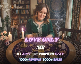 May include: A person in a dark green velvet tunic with silver embroidery sits at a round table with a purple cloth featuring gold celestial designs. Tarot cards are arranged on the table with candles and text reading LOVE ONLY ME BY SAVI 5+ Years on ETSY 1000+REVIEWS 9000+ SALES.