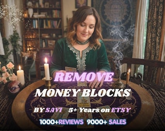 May include: A person in a dark green velvet top sits at a round table with a purple cloth, tarot cards, and lit candles. Text reads: REMOVE MONEY BLOCKS BY SAVI 5+ Years on ETSY 1000+REVIEWS 9000+ SALES. The scene includes incense smoke and books.