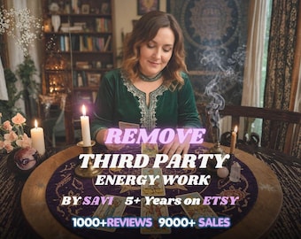 May include: A round table covered with a purple cloth featuring tarot cards arranged in a star pattern, surrounded by lit candles and incense smoke. Text overlay reads: REMOVE THIRD PARTY ENERGY WORK BY SAVI 5+ Years on ETSY 1000+REVIEWS 9000+ SALES.