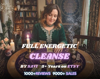 May include: A person in a dark green velvet top sits at a round table with a purple cloth featuring gold celestial patterns. Tarot cards are arranged in a circle. Text reads: FULL ENERGETIC CLEANSE BY SAVI 5+ Years on ETSY 1000+REVIEWS 9000+ SALES.