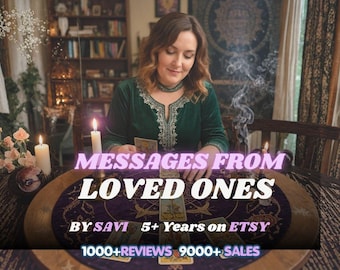May include: A dark green velvet top with silver embroidery, tarot cards arranged on a circular purple cloth, two lit candles, and text reading MESSAGES FROM LOVED ONES BY SAVI 5+ Years on ETSY 1000+REVIEWS 9000+ SALES.