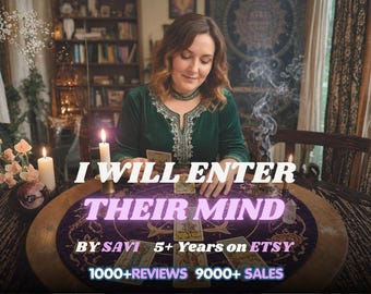 May include: A person in a dark green tunic with silver embroidery sits at a round table with tarot cards, candles, and incense. Text reads: I WILL ENTER THEIR MIND, BY SAVI, 5+ Years on ETSY, 1000+ REVIEWS, 9000+ SALES.