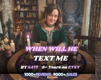May include: A round table covered with a purple cloth featuring celestial designs, arranged with tarot cards, lit candles, and incense smoke. Text overlay reads: WHEN WILL HE TEXT ME, BY SAVI, 5+ Years on ETSY, 1000+ REVIEWS, 9000+ SALES.
