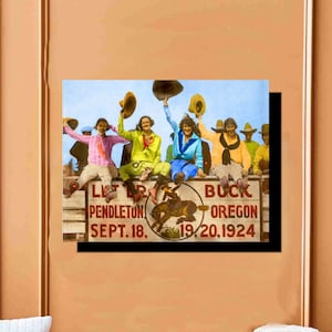 May include: A vintage photograph of a group of people in cowboy hats standing on a wooden platform. The platform has a sign that reads "Little Buckaroo Pendleton Oregon Sept. 18, 19, 20, 1924".