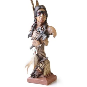 Indian Sculpture Native Indian Warrior Painted Face Old West theme Western decor  Mini Sculpture 14 Inches Tall