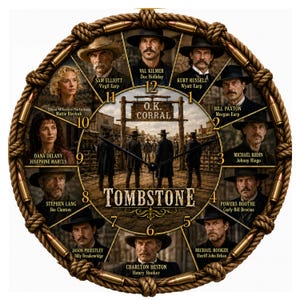 Pode incluir: Um relógio de parede redondo com uma borda de corda e detalhes de balas. O mostrador exibe uma cena do filme Tombstone, incluindo a placa O.K. Corral e retratos do elenco rotulados com seus nomes e papéis dos personagens.
