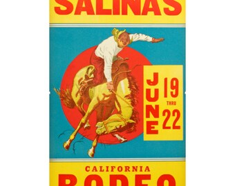 Salinas Rodeo 16 x 24 Inch Poster  Retro Print Art Old West Cowboys Broncs Roping Bull Steer Wrestling Western