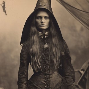 May include: A woman in a black hooded dress and hat with a star on the front. She has long dark hair and is looking directly at the camera.