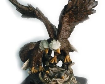 2 American Bald Eagles On Stump Sculpture Theme Wild Life  Animals hand made and painted  12 Inches Tall Wilderness Wild Life