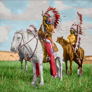 Puede incluir: Dos hombres nativos americanos a caballo con tocados tradicionales con plumas rojas, blancas y azules. Están cabalgando por un campo de hierba.