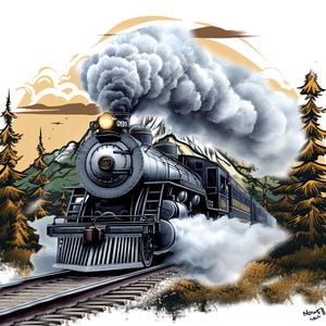 Könnte beinhalten: Eine schwarze Dampflokomotive fährt auf Eisenbahnschienen durch einen Kiefernwald. Der Zug stößt eine große graue Rauchwolke aus seinem Schornstein aus und hat einen leuchtenden Scheinwerfer. Im Hintergrund sind Berge und ein goldener Himmel.