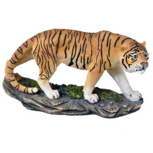 May include: A realistic figurine of a tiger walking on a rocky base. The tiger is brown and orange with black stripes and is posed in a walking position. The base is a dark brown color and has a rough texture.