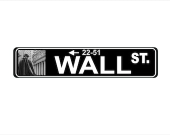 WALL STREET SIGN Stock Market New York City Identical reproduction of the exact sign  4 x 18 Metal Sign