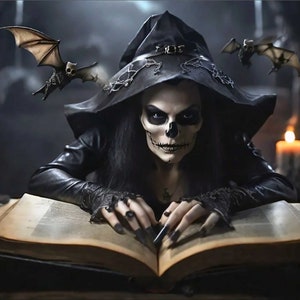 Puede incluir: Una mujer con una capa negra con capucha y maquillaje de calavera está leyendo un libro antiguo encuadernado en cuero. Los murciélagos vuelan en el fondo.