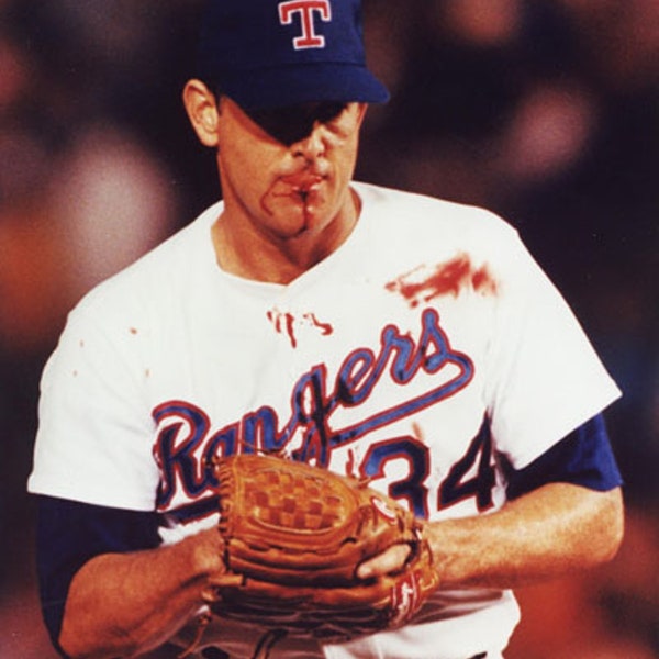 Nolan Ryan Bloody Face Pitching Rare Watercolor  Print  baseball legends 16 x 20 Large Print Available