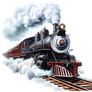 May include: An illustration of a vintage black steam train with a red and brown passenger car. The train is emitting a large cloud of white smoke. The train is on a wooden track.