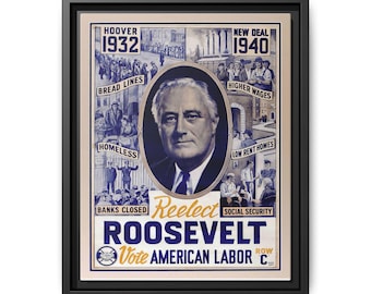 Reelija al presidente Roosevelt 1941. Obra de arte en lienzo enmarcada: póster político vintage, ideal para decoración del hogar, recuerdos presidenciales.