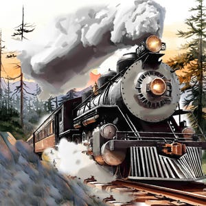 Könnte beinhalten: Eine schwarze Dampflokomotive fährt auf Schienen durch einen Wald und stößt dichten weißen Rauch aus ihrem Schornstein aus. Der Zug verfügt über einen großen runden Frontscheinwerfer, einen Kuhfänger und Personenwagen im Aquarellstil.