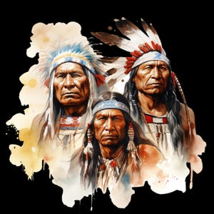 May include: Watercolor painting of three Native American men wearing traditional headdresses and attire. The artwork features a black background with a splash of yellow and brown watercolor effects. The men have serious expressions.
