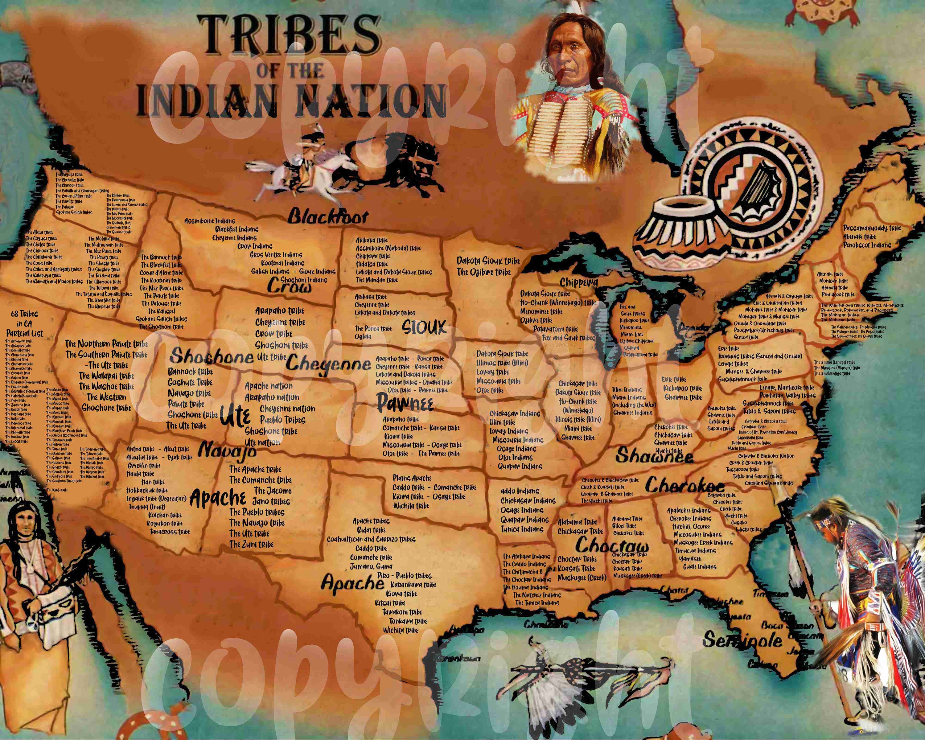 Native American Indians Tribal Map United States Includes Tribal Names