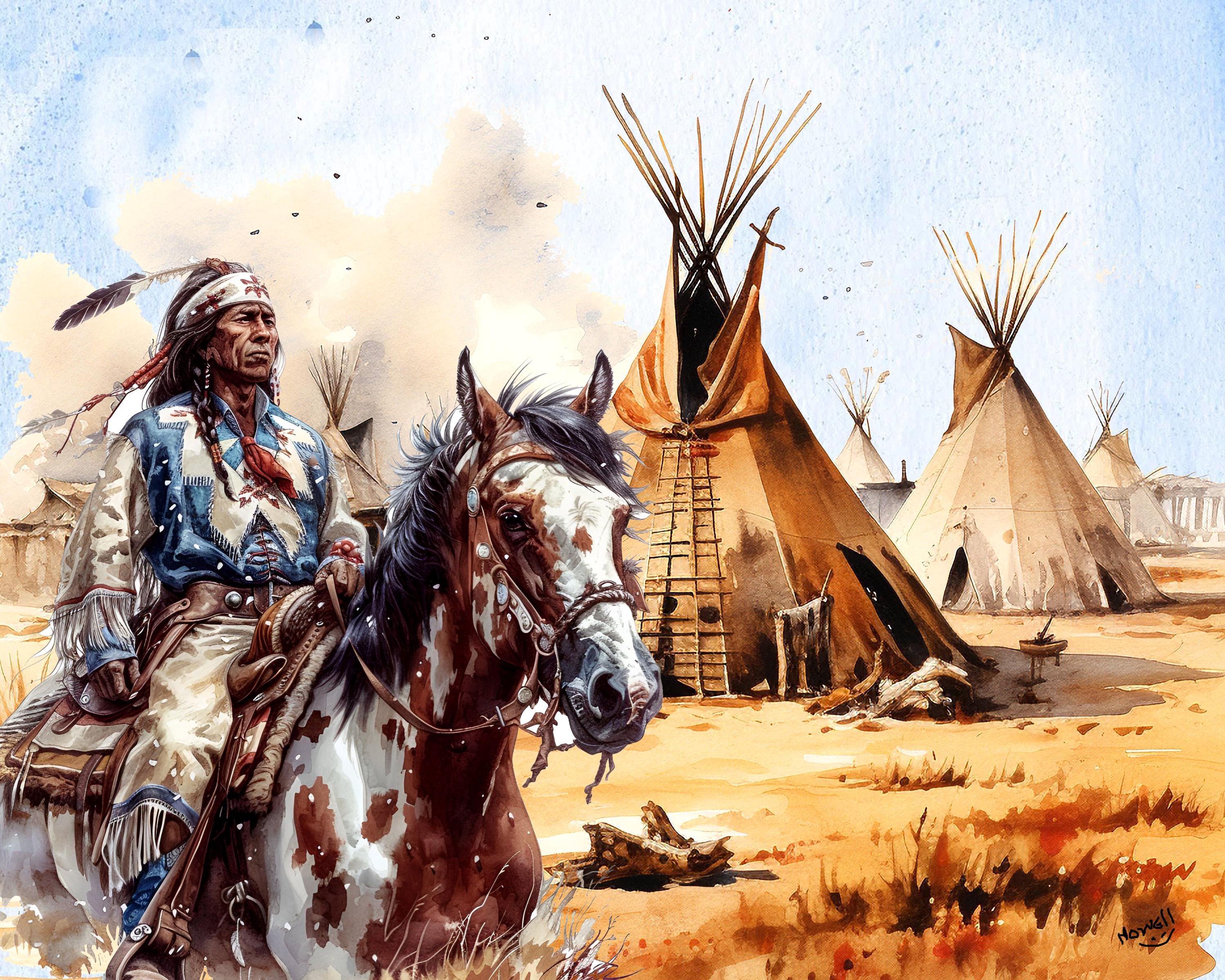 ネイティブアメリカンインディアン戦士の馬上のティーピーキャンバス