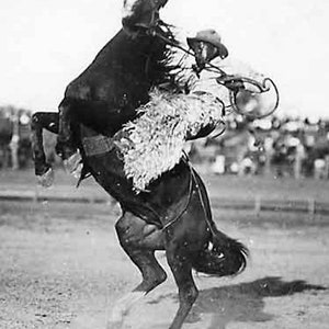 May include: A black and white photo of a cowboy riding a bucking horse. The cowboy is wearing a hat and is holding onto the reins. The horse is rearing up on its hind legs and its tail is flowing in the wind.